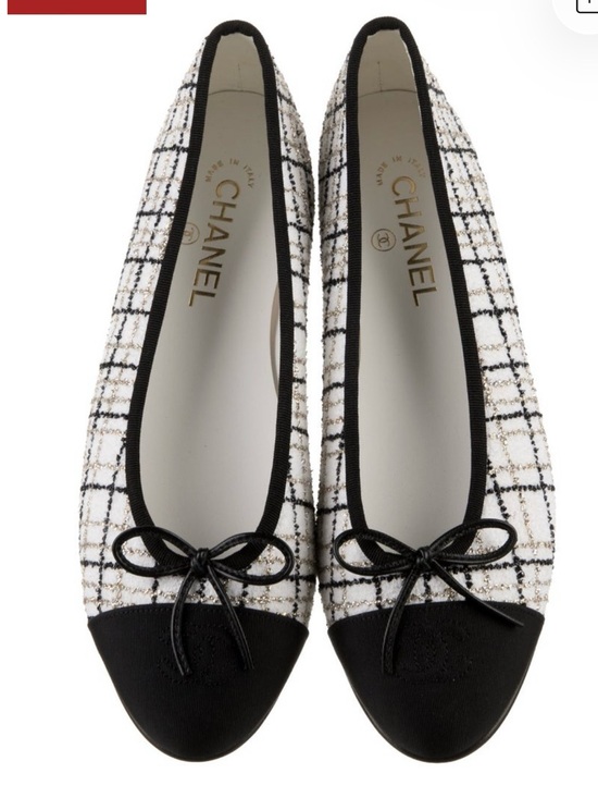 CHANEL Shoes - CHANEL metallic & White Tweed & Black Cap-Toe Ballet Flats size 40